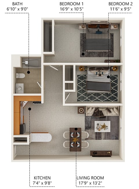 Floor plan for 2 beds, 1 bath, 840 sqft